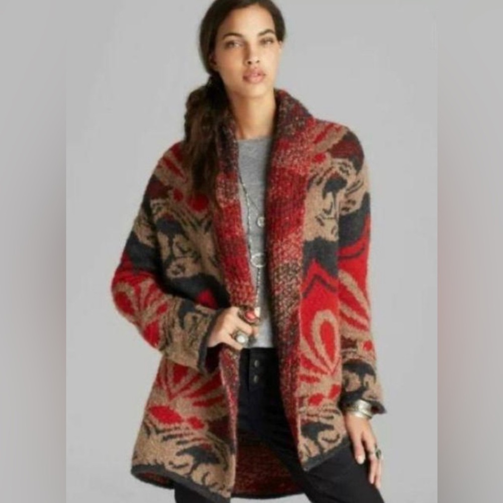 Free People Red, Tan, Grey & Metallic Winters Day Wool Blend Oversized Cardigan